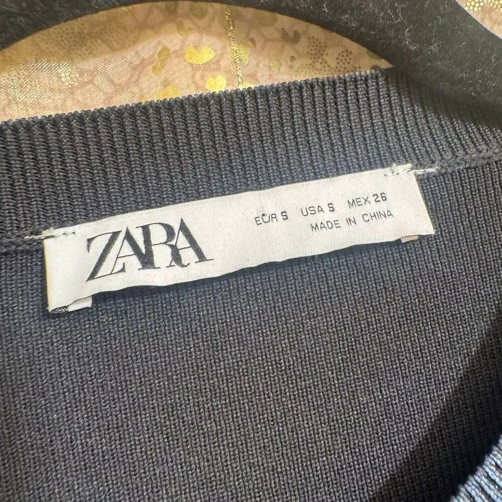 ZARA Navy Blue Metallic Foil Cropped Long Sleeve Futuristic Top Slim Small - Picture 3 of 8